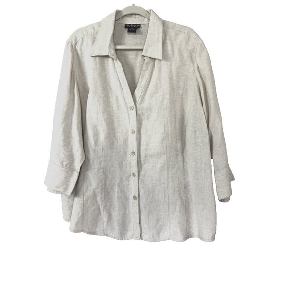 Style &Co 2X Oatmeal Linen 3/4 Sleeve Button Down Tailored Fit Blouse Split Cuff - Picture 1 of 8